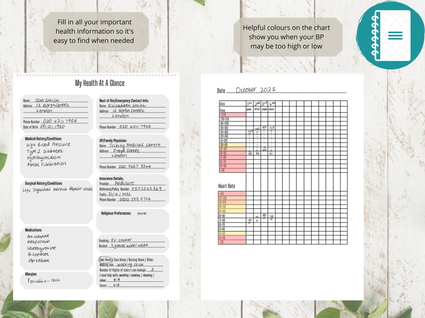 Blood Pressure Log A4 | Blood Pressure Tracker | Printed | Medical Chart | Medical Planner