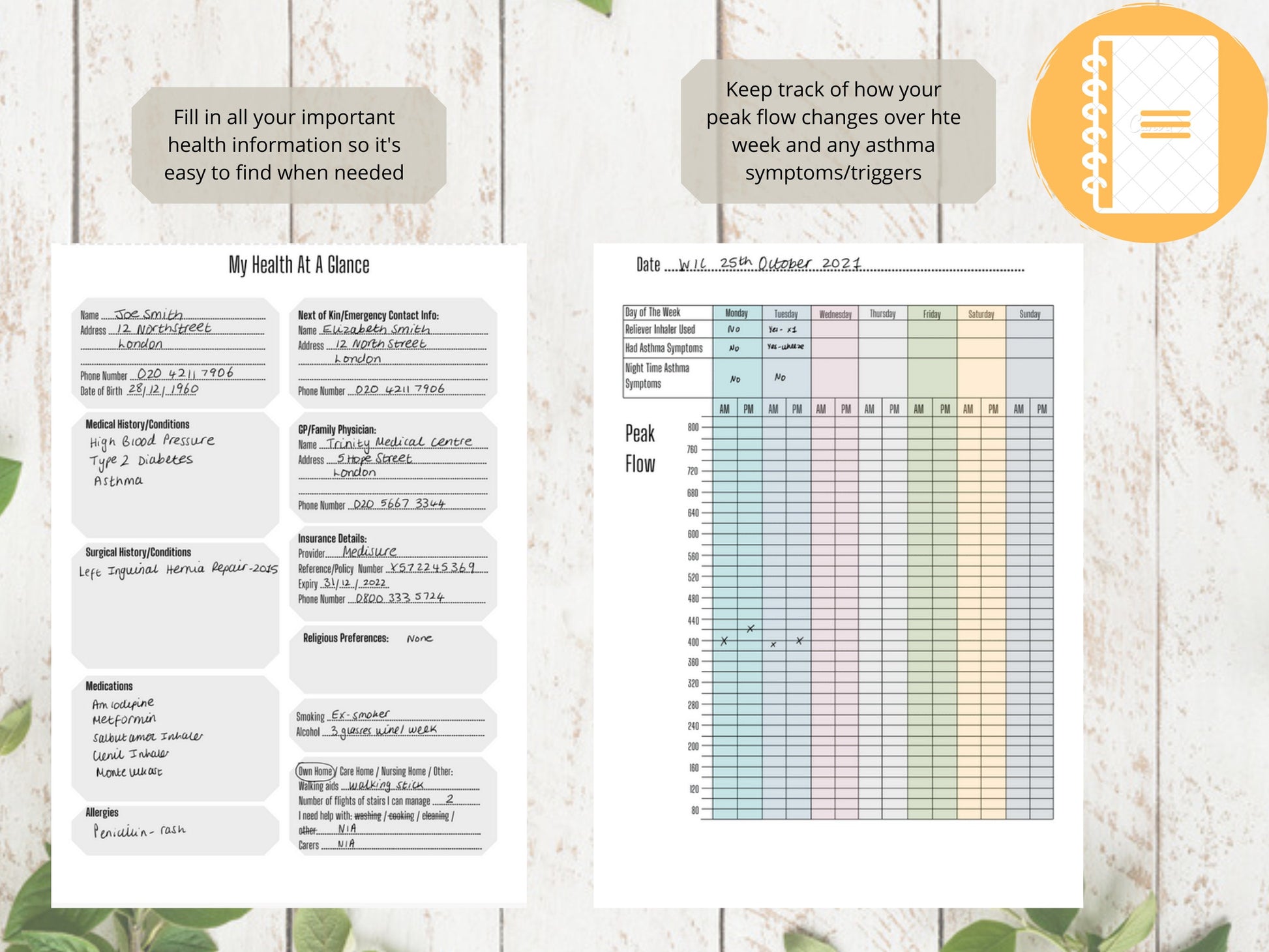 Asthma Peak Flow Log A5 | Peak Flow Tracker | Printed | Medical Chart | Medical Planner