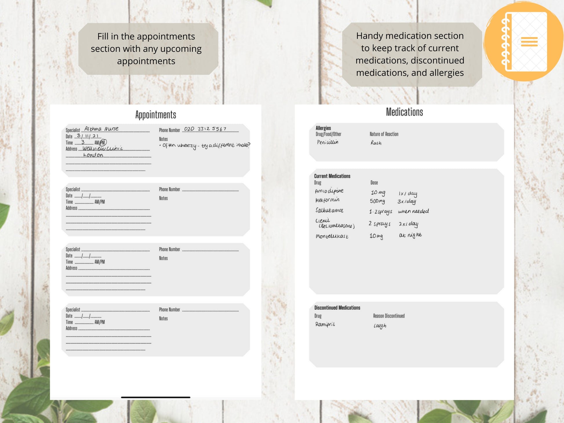 Asthma Peak Flow Log A5 | Peak Flow Tracker | Printed | Medical Chart | Medical Planner