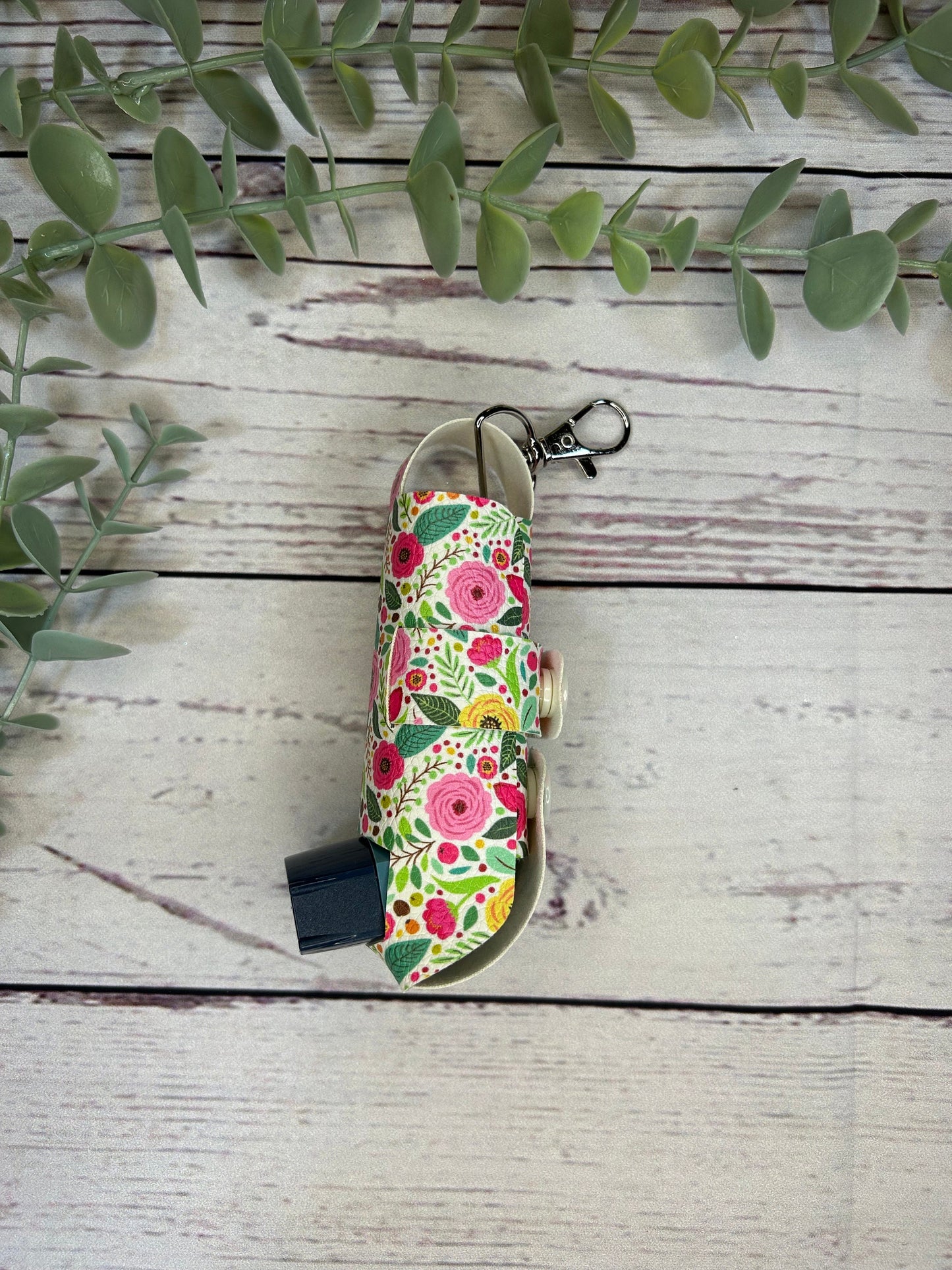 Faux Leather Inhaler Holder - Pink Flowers | Inhaler Case | Asthma Inhaler Holder | Asthma Pump Cover | Keychain