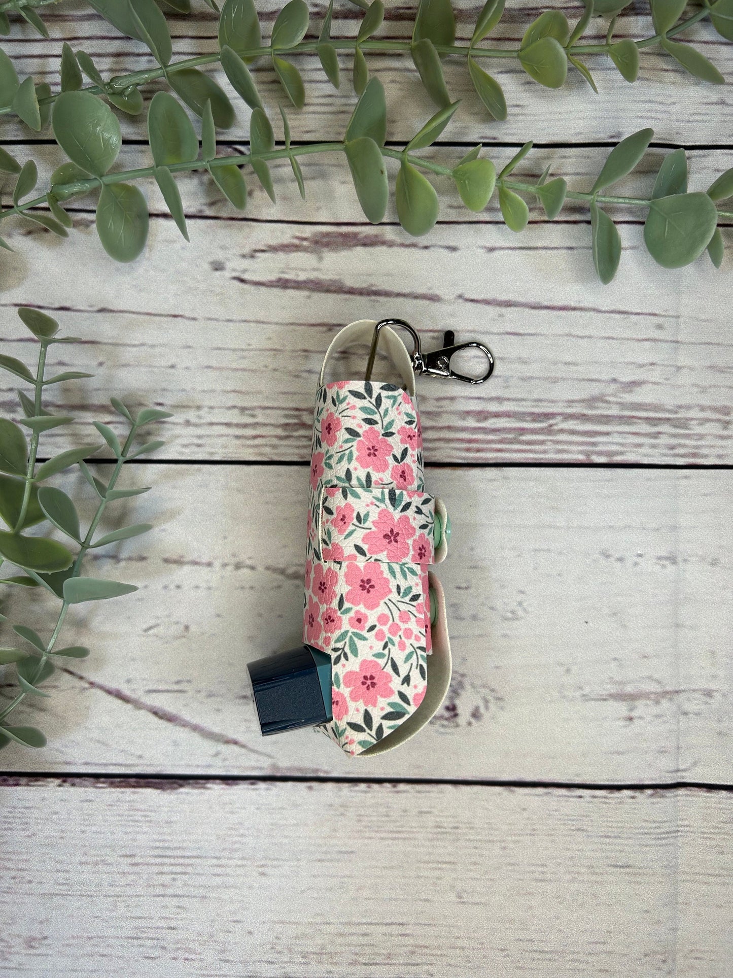 Faux Leather Inhaler Holder - Pink Flowers | Inhaler Case | Asthma Inhaler Holder | Asthma Pump Cover | Keychain