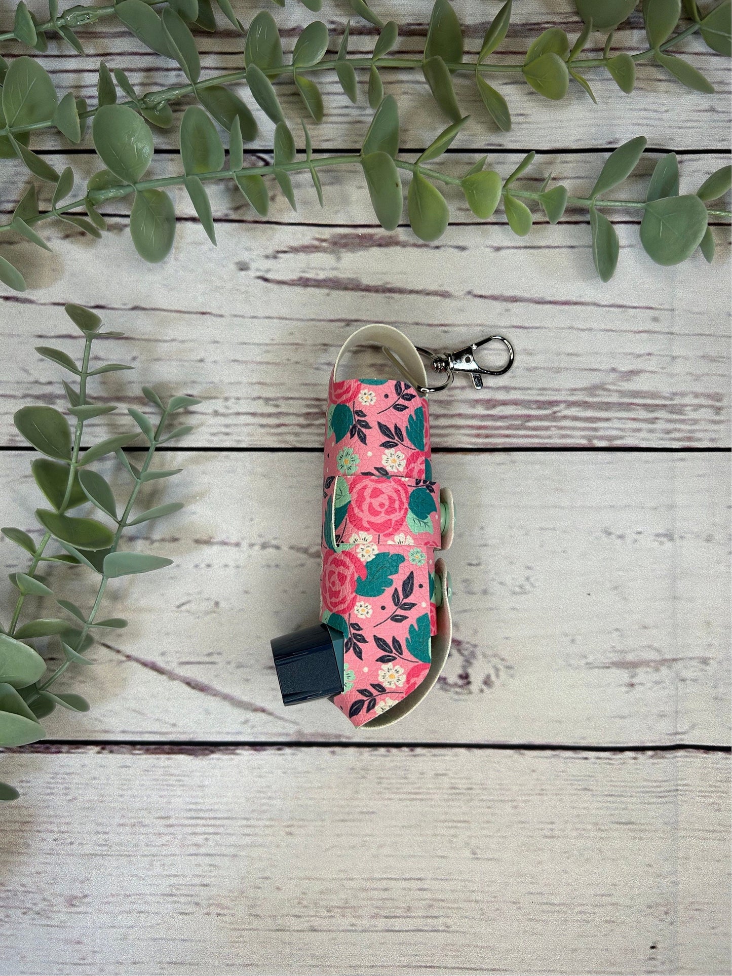 Faux Leather Inhaler Holder - Pink Flowers | Inhaler Case | Asthma Inhaler Holder | Asthma Pump Cover | Keychain