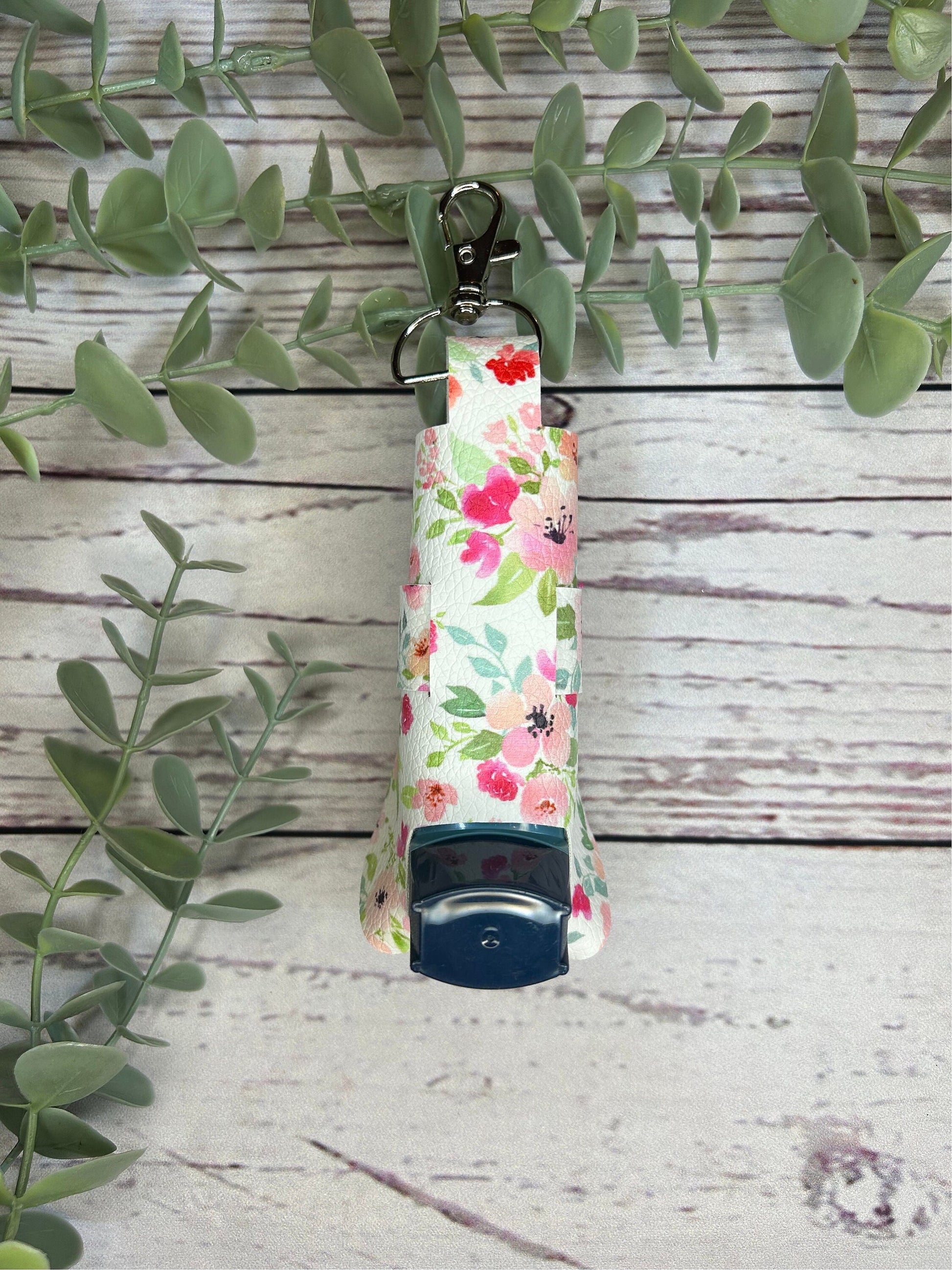 Faux Leather Inhaler Holder - LIMITED EDITION - Pink and White Flowers/Pink/Pink Glitter | Inhaler Case | Asthma Inhaler Holder | Keychain