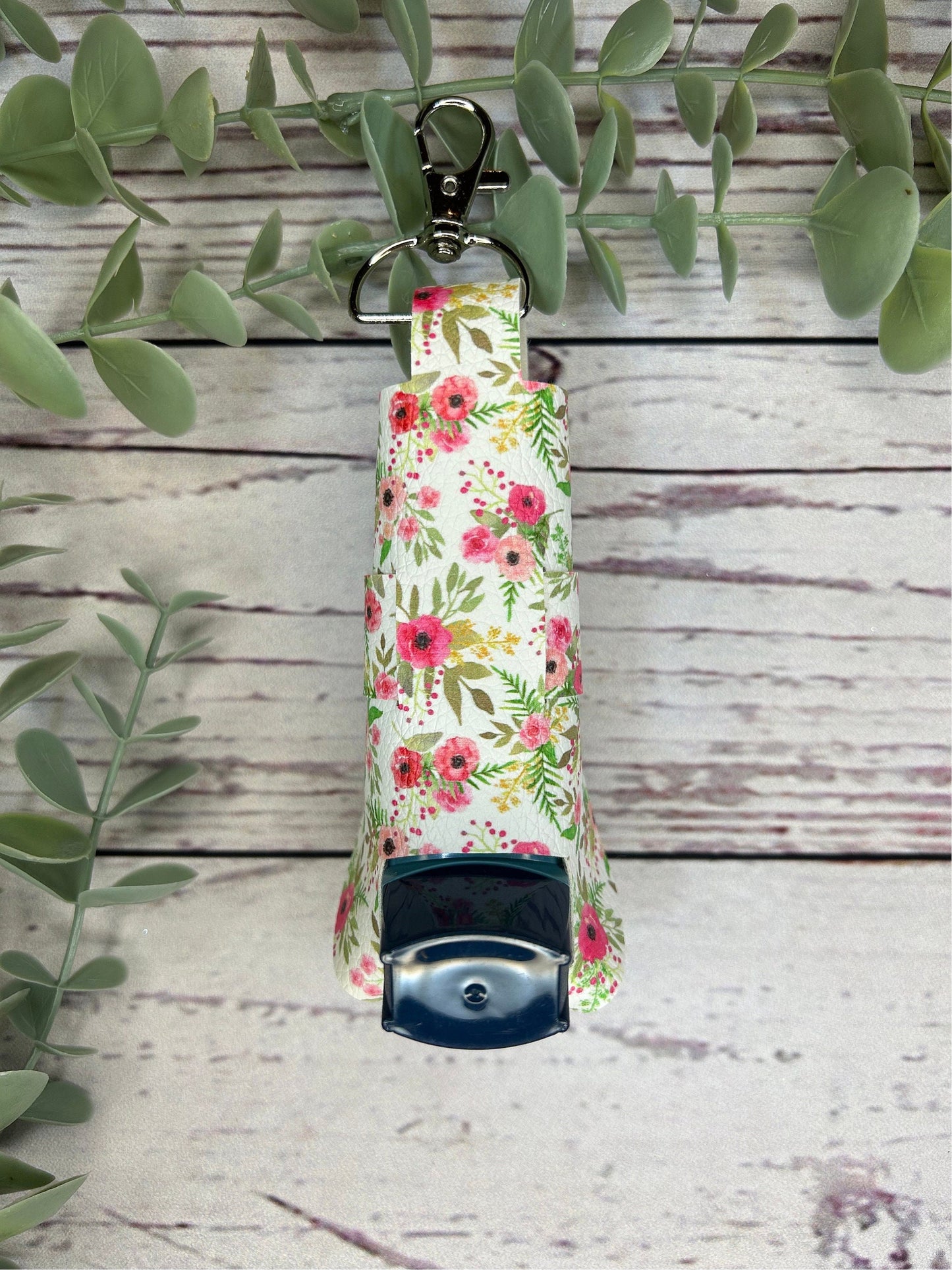 Faux Leather Inhaler Holder - LIMITED EDITION - Pink and White Flowers/Pink/Pink Glitter | Inhaler Case | Asthma Inhaler Holder | Keychain