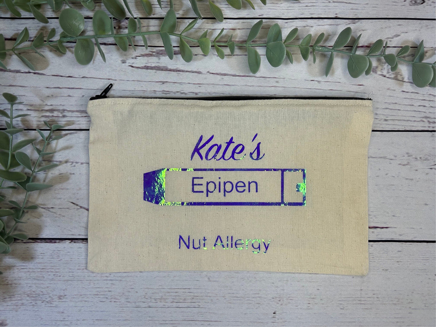 Personalised Cotton Canvas Epipen Bag | Epipen Pouch | Cotton | Medication Bag | Pink, Purple Holographic Vinyl