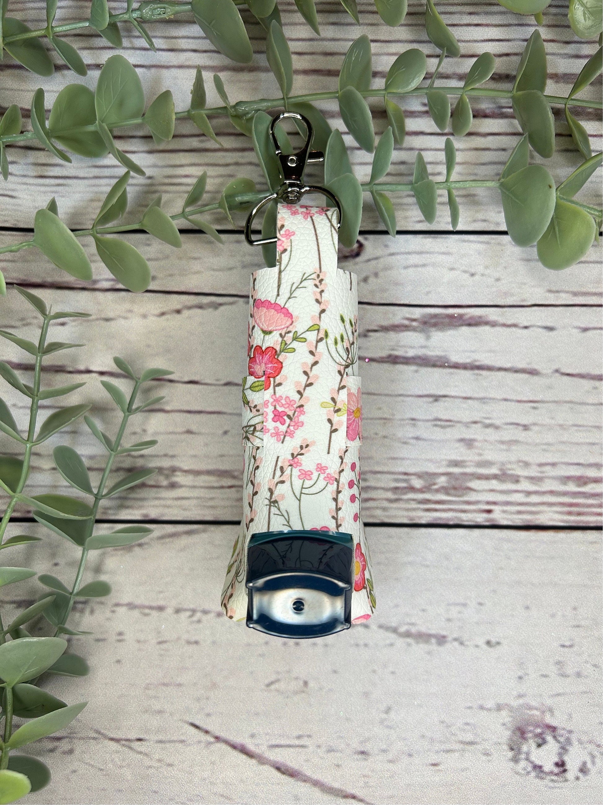 Faux Leather Inhaler Holder - LIMITED EDITION - Pink and White Flowers/Pink/Pink Glitter | Inhaler Case | Asthma Inhaler Holder | Keychain