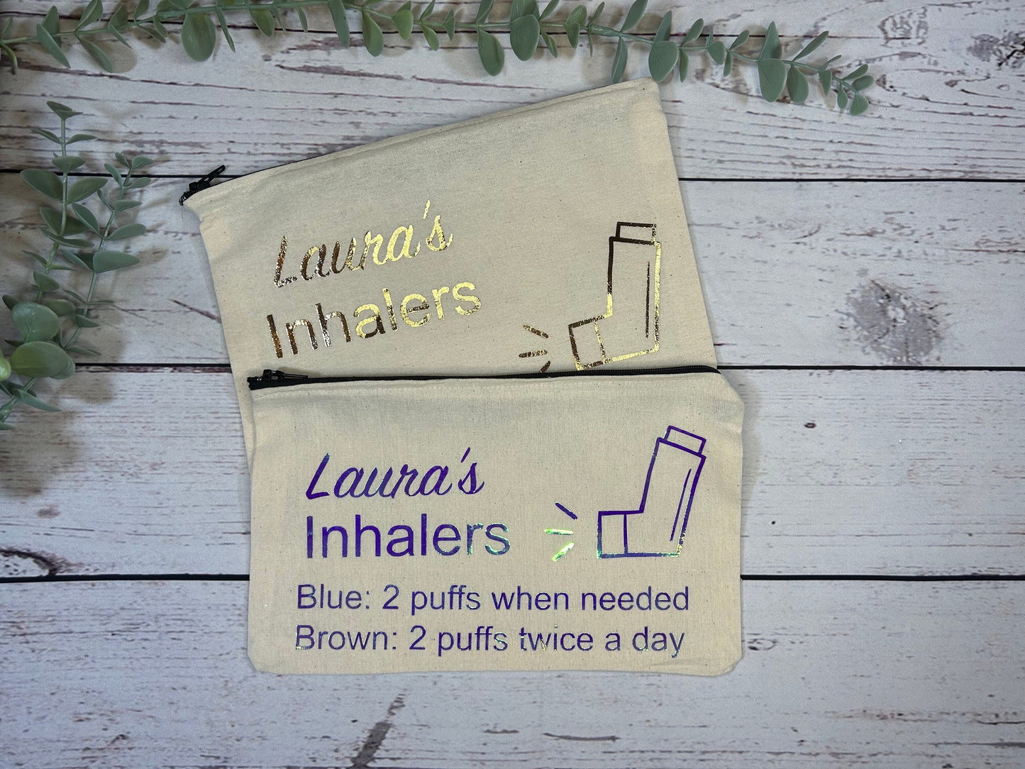 Personalised Cotton Canvas Inhaler Bag | Cotton | Inhaler Pouch | Medication Bag | With Directions | Holographic Vinyl