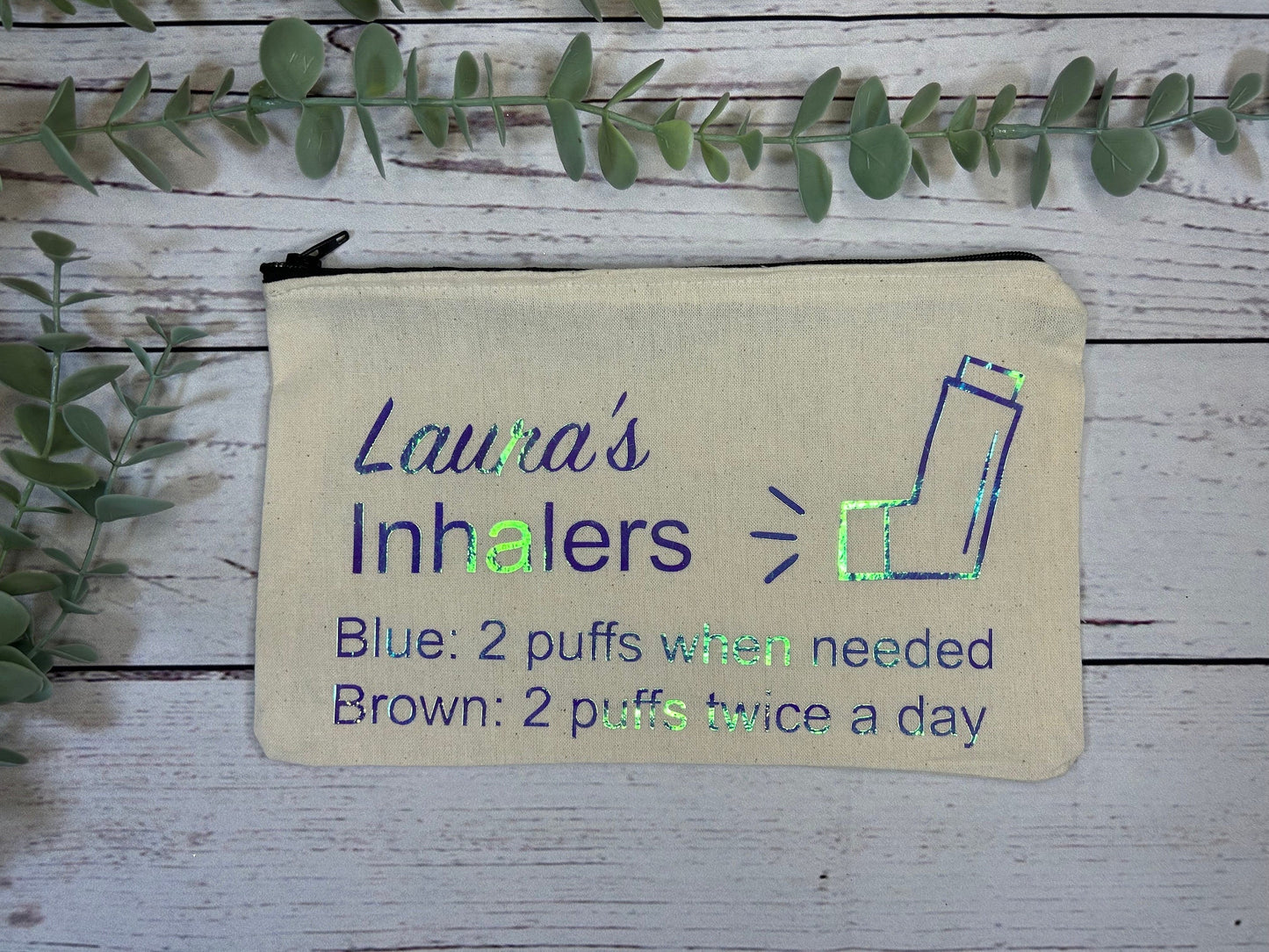 Personalised Cotton Canvas Inhaler Bag | Cotton | Inhaler Pouch | Medication Bag | With Directions | Holographic Vinyl