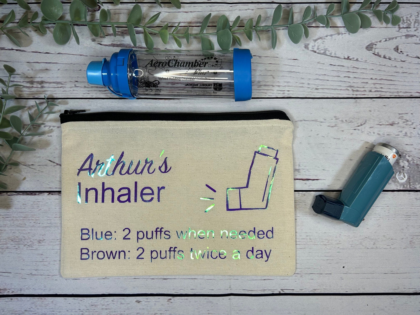 Personalised Cotton Canvas Inhaler Bag | Cotton | Inhaler Pouch | Medication Bag | With Directions | Holographic Vinyl