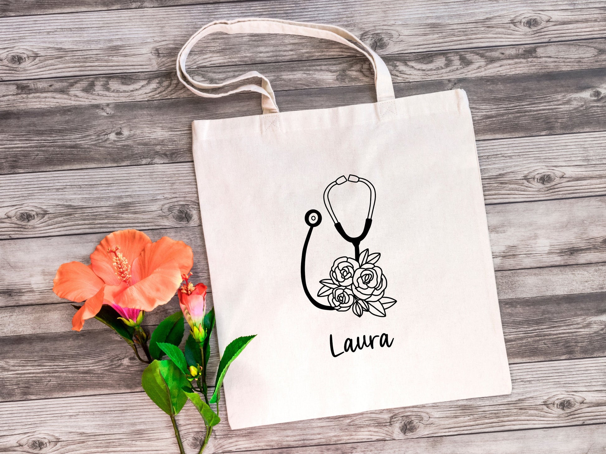 Flowery Stethoscope Tote Bag | Personalised | 100% Cotton | Medical Gift | Nurse | Doctor | Vet | Graduation