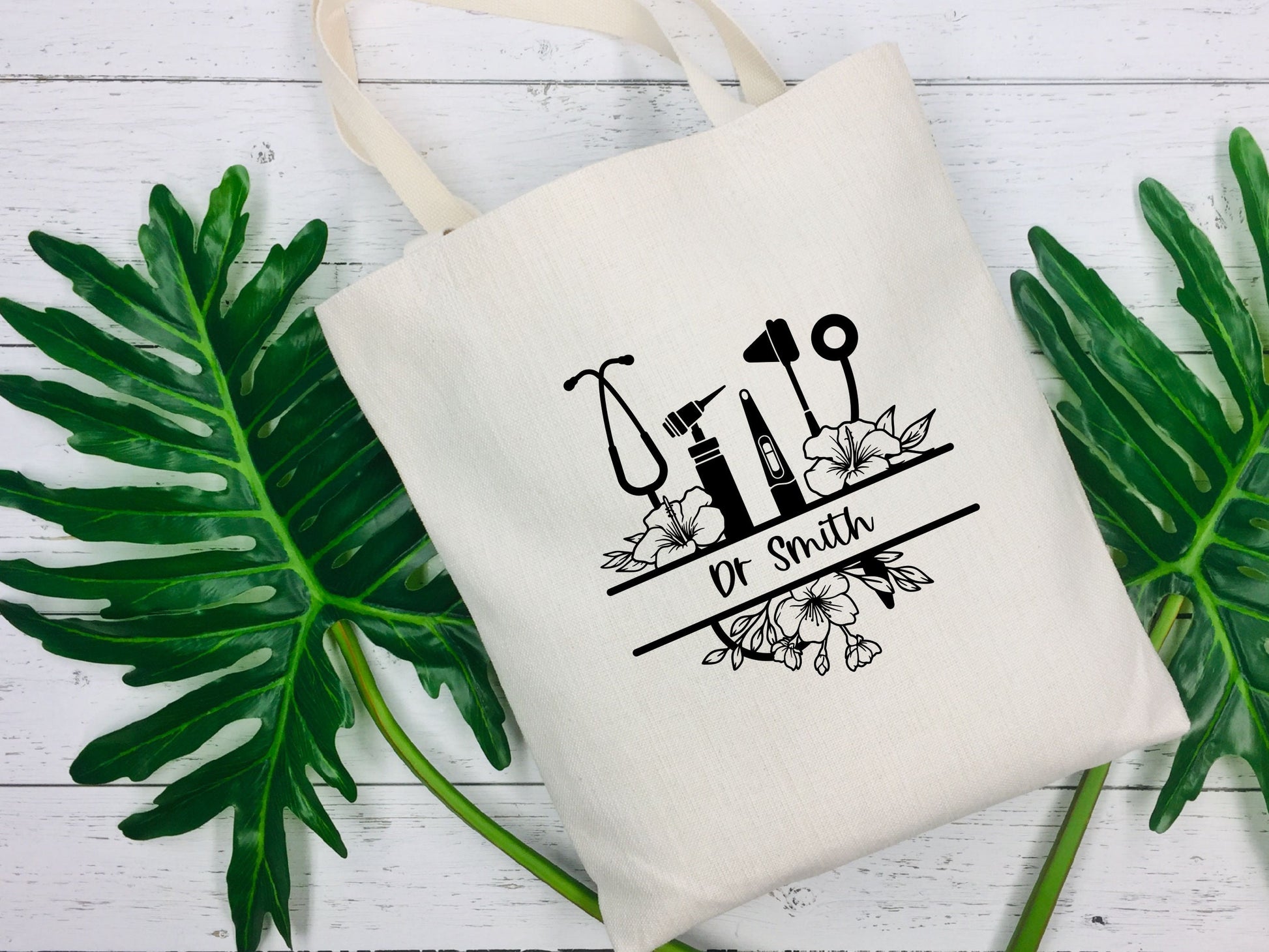 Flowery Stethoscope Medical Monogram Tote Bag | Personalised | 100% Cotton | Medical Gift | Nurse | Doctor | Vet | Graduation
