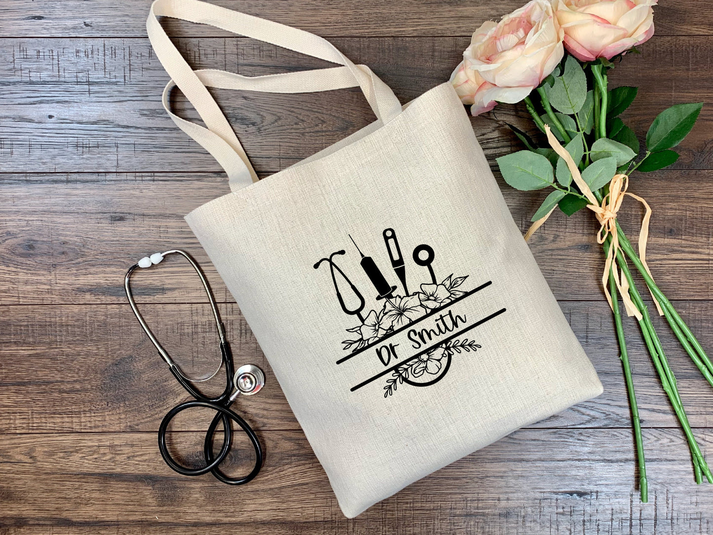 Flowery Stethoscope Medical Monogram Tote Bag | Personalised | 100% Cotton | Medical Gift | Nurse | Doctor | Vet | Graduation