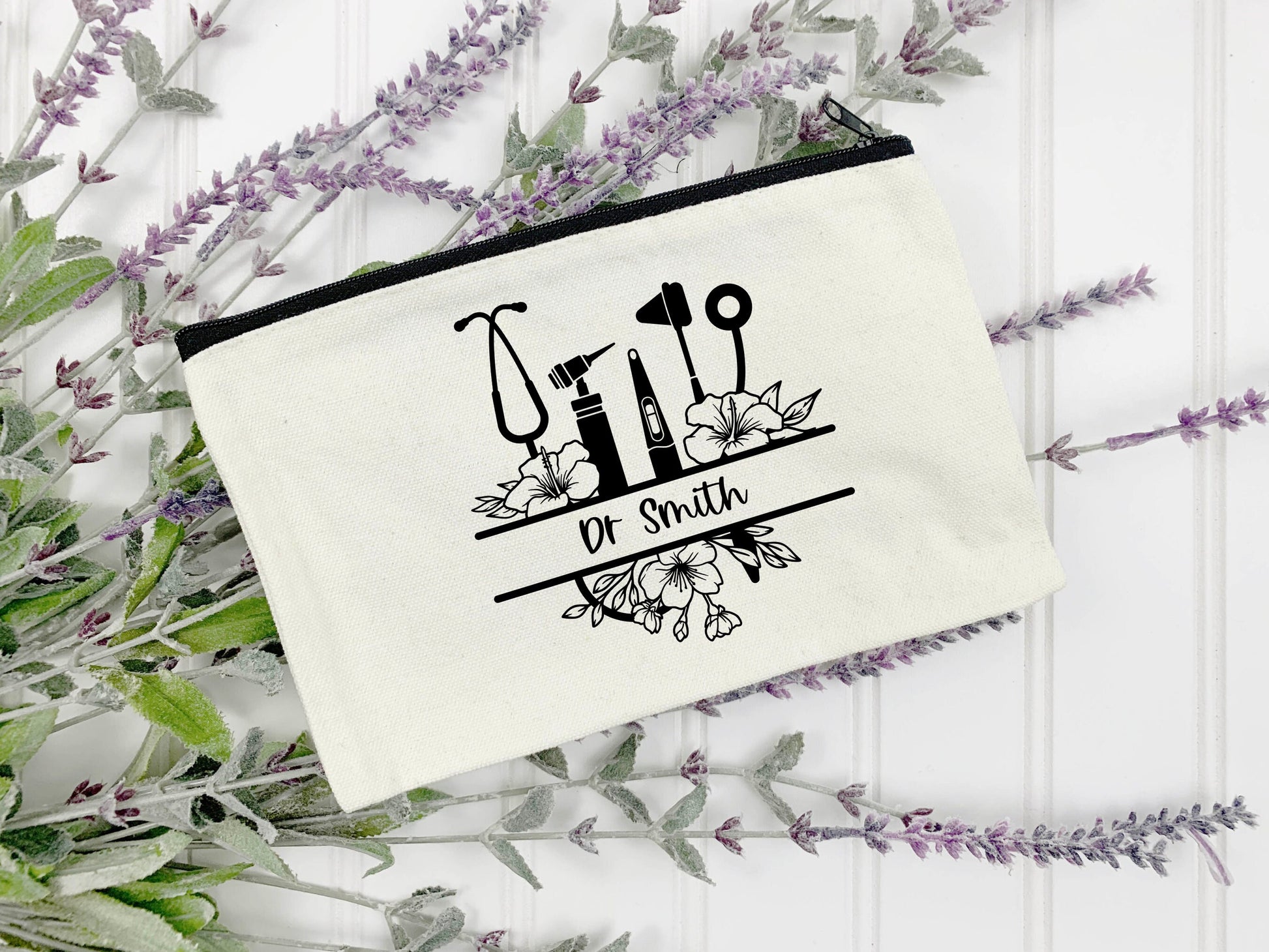 Flowery Stethoscope Medical Monogram Zip Bag | Pencil Case | Personalised | 100% Cotton | Medical Gift | Nurse | Doctor | Vet | Graduation