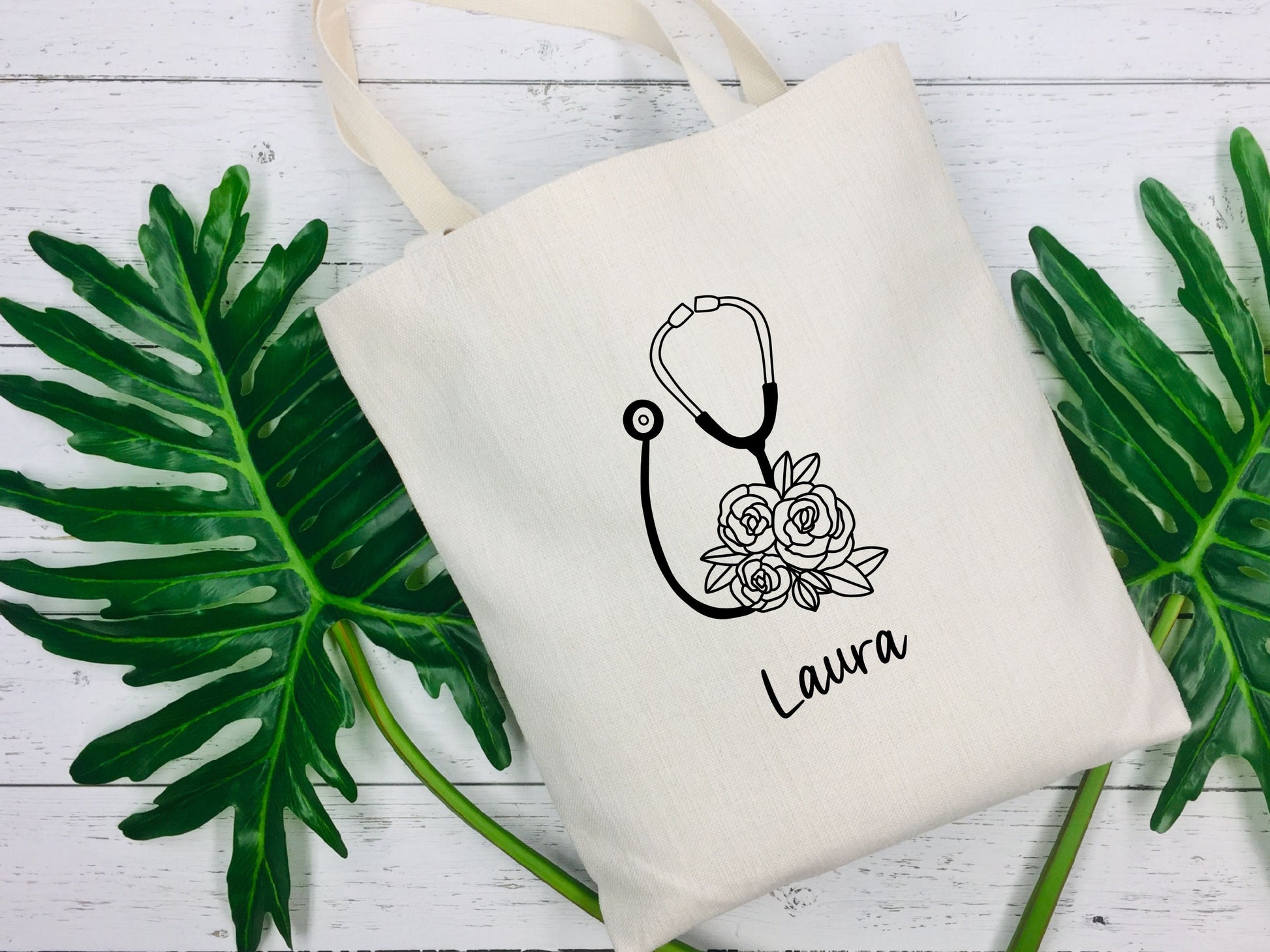 Flowery Stethoscope Tote Bag | Personalised | 100% Cotton | Medical Gift | Nurse | Doctor | Vet | Graduation
