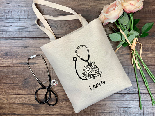 Flowery Stethoscope Tote Bag | Personalised | 100% Cotton | Medical Gift | Nurse | Doctor | Vet | Graduation