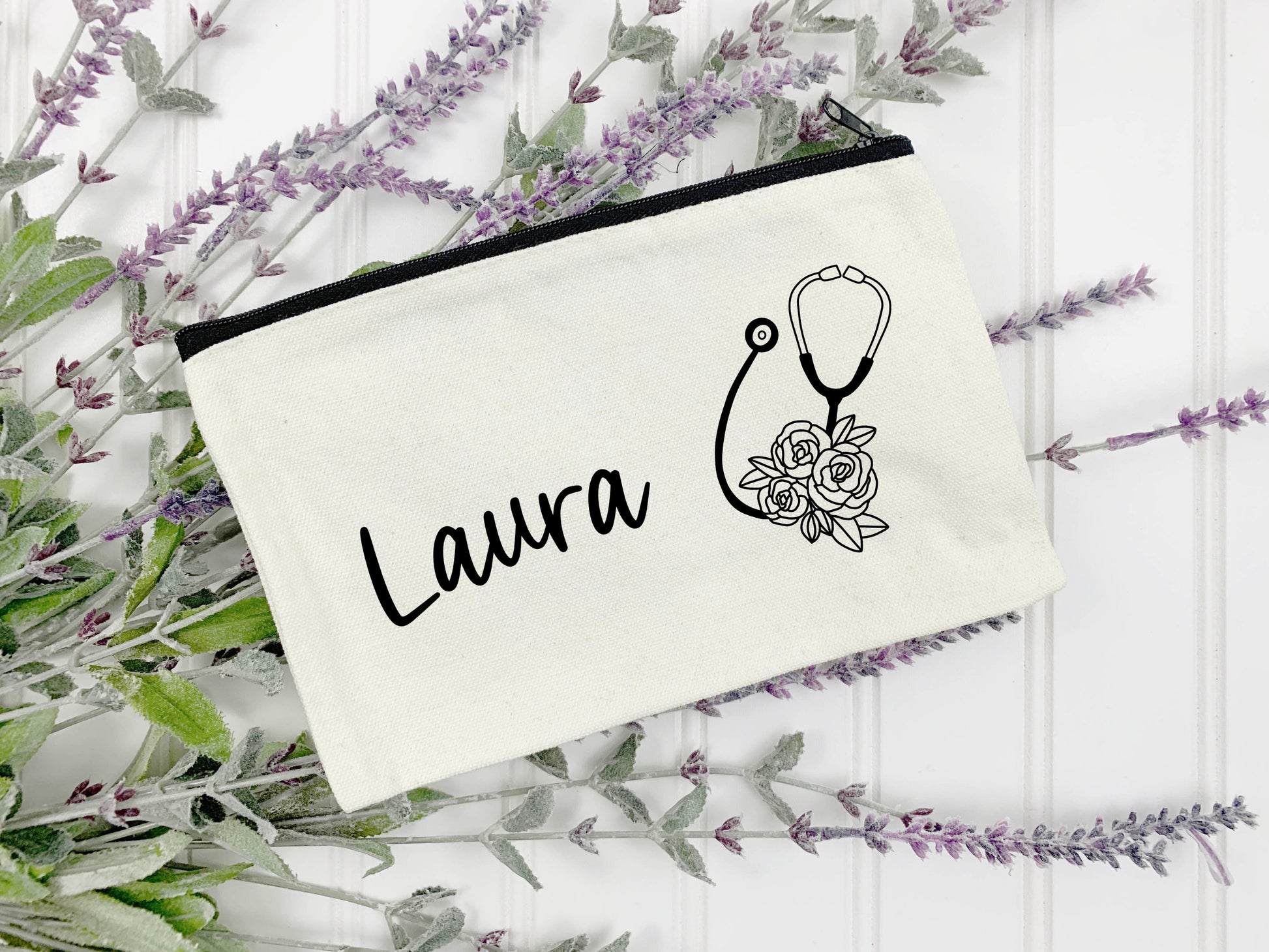 Flowery Stethoscope Zip Bag | Pencil Case | Personalised | 100% Cotton | Medical Gift | Nurse | Doctor | Vet | Graduation