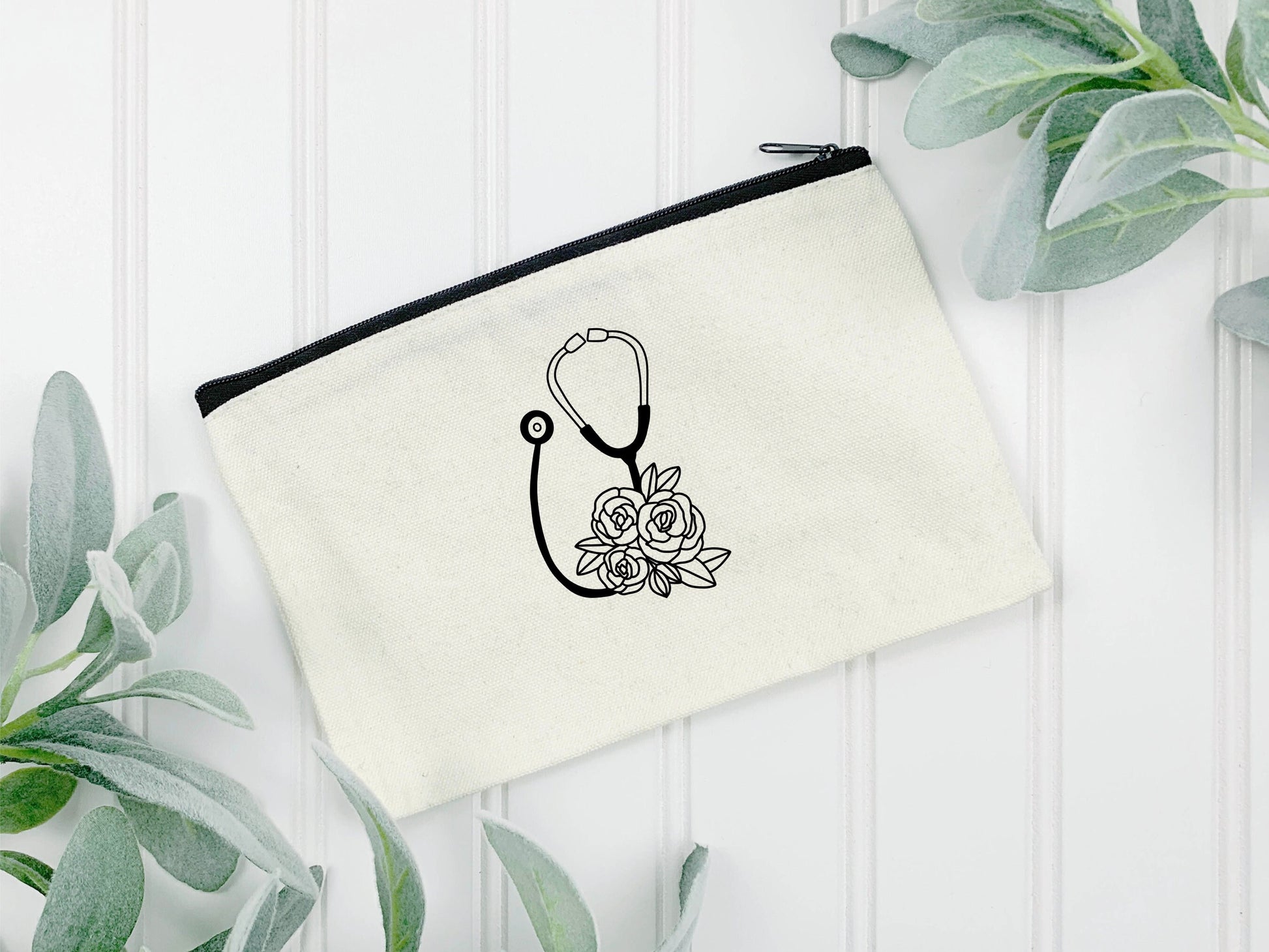 Flowery Stethoscope Zip Bag | Pencil Case | Personalised | 100% Cotton | Medical Gift | Nurse | Doctor | Vet | Graduation