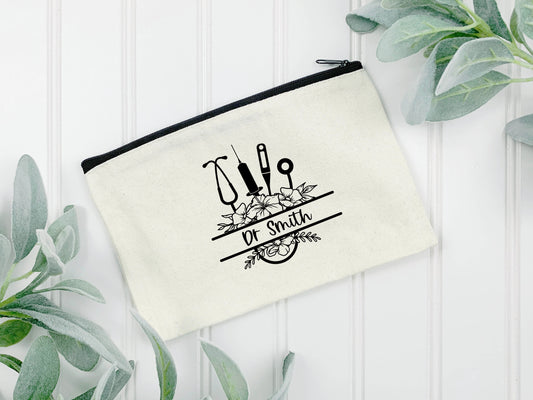 Flowery Stethoscope Medical Monogram Zip Bag | Pencil Case | Personalised | 100% Cotton | Medical Gift | Nurse | Doctor | Vet | Graduation