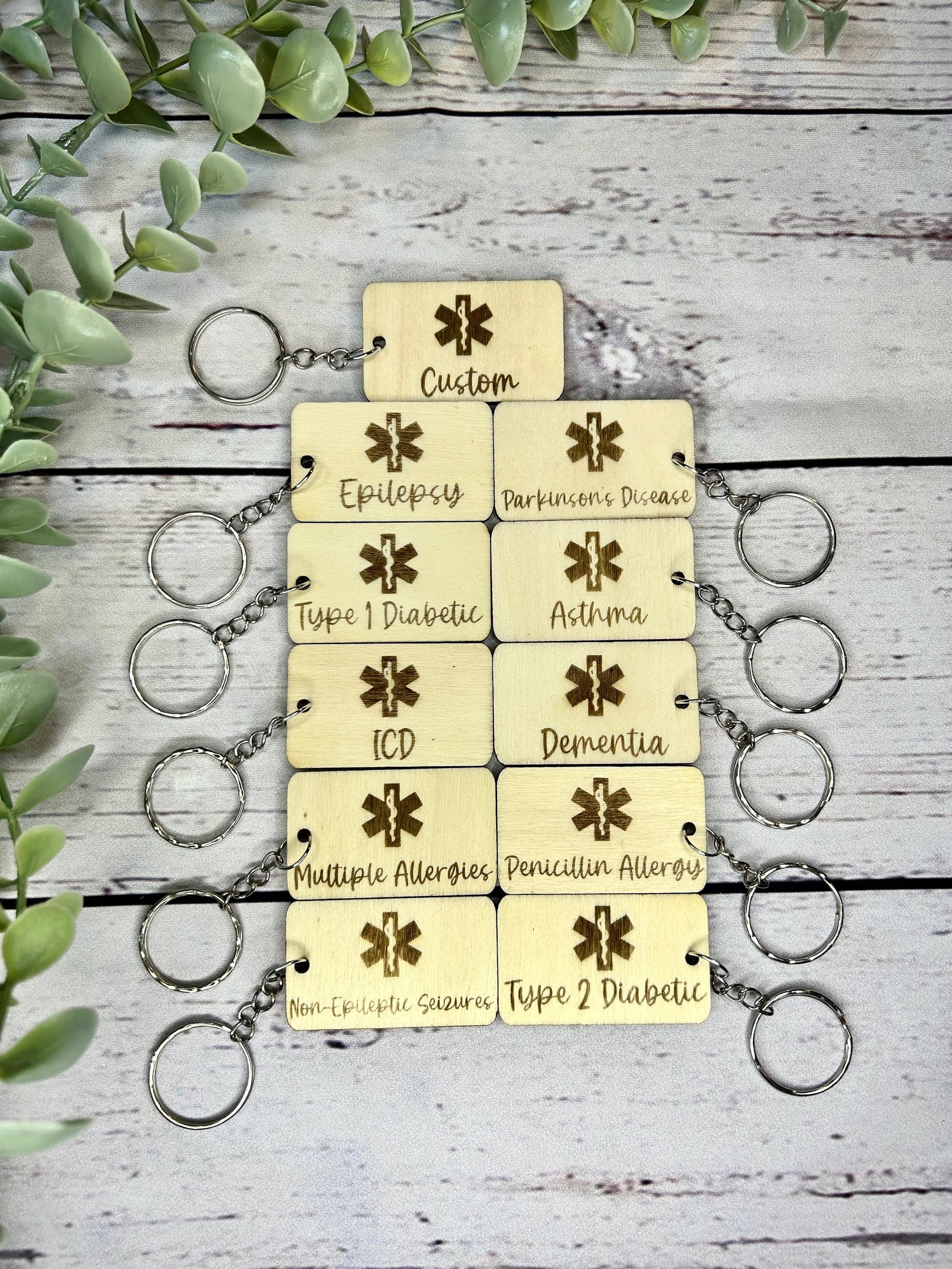 Medic Alert Keyring | Medic Alert Keychain | Personalised | Emergency Contact | Wood