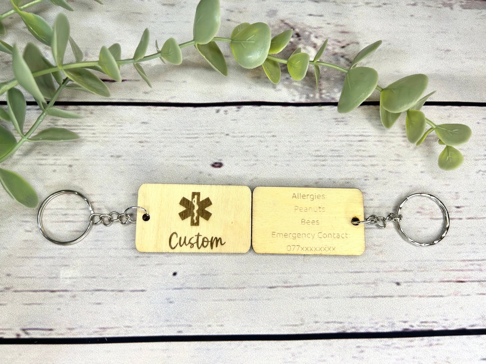 Medic Alert Keyring | Medic Alert Keychain | Personalised | Emergency Contact | Wood