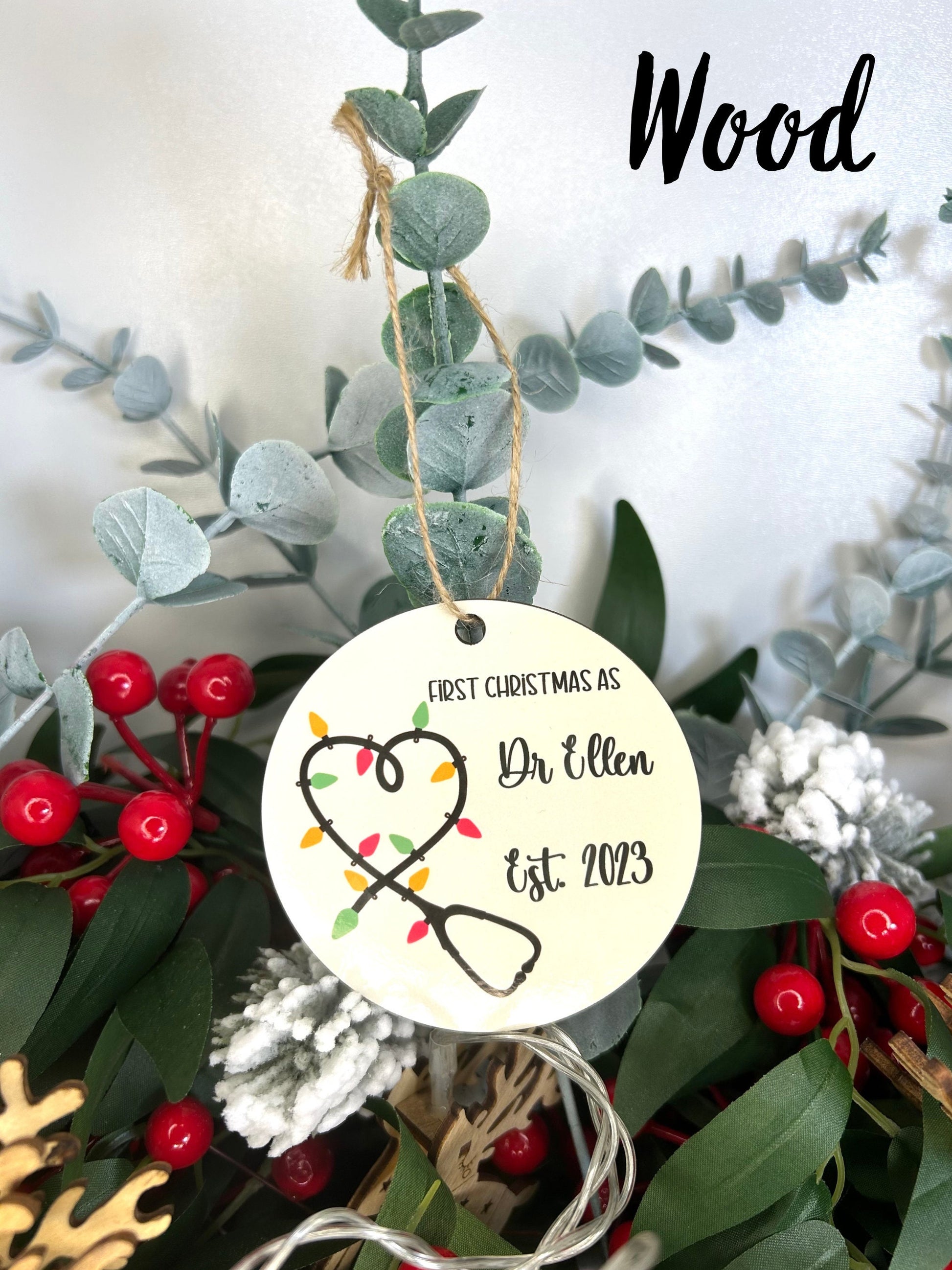 Personalised Stethoscope Fairy Lights Christmas Ornament | Wood | Ceramic