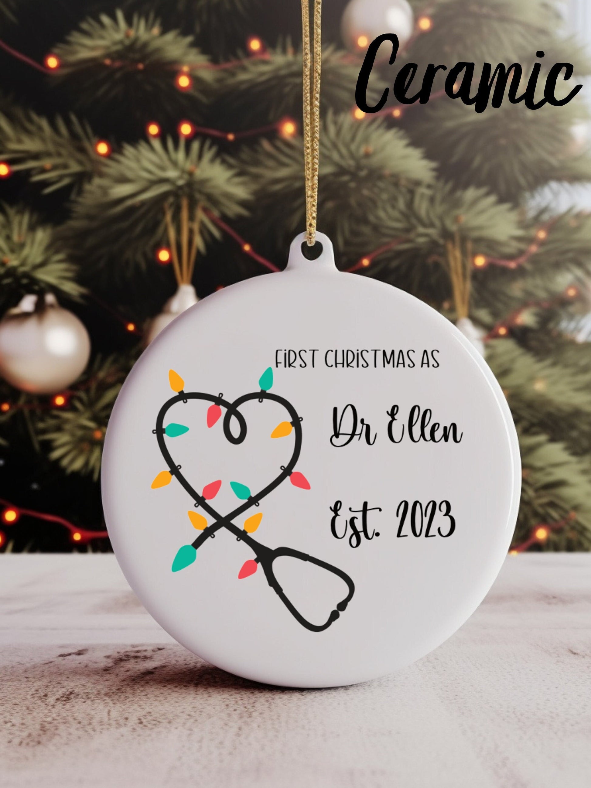 Personalised Stethoscope Fairy Lights Christmas Ornament | Wood | Ceramic