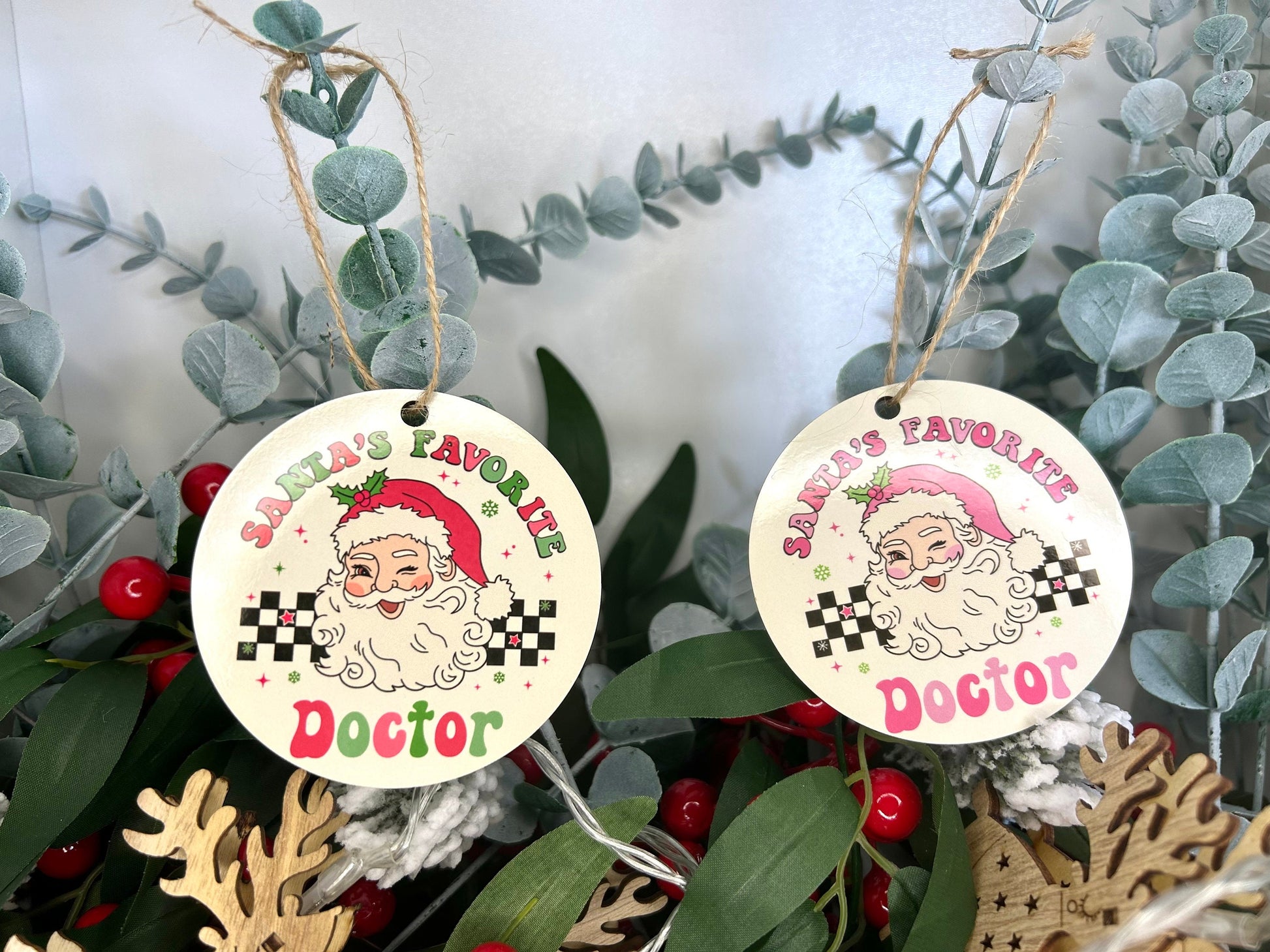 Santa's Favourite Doctor Christmas Ornament | Retro Pink | Wood | Ceramic