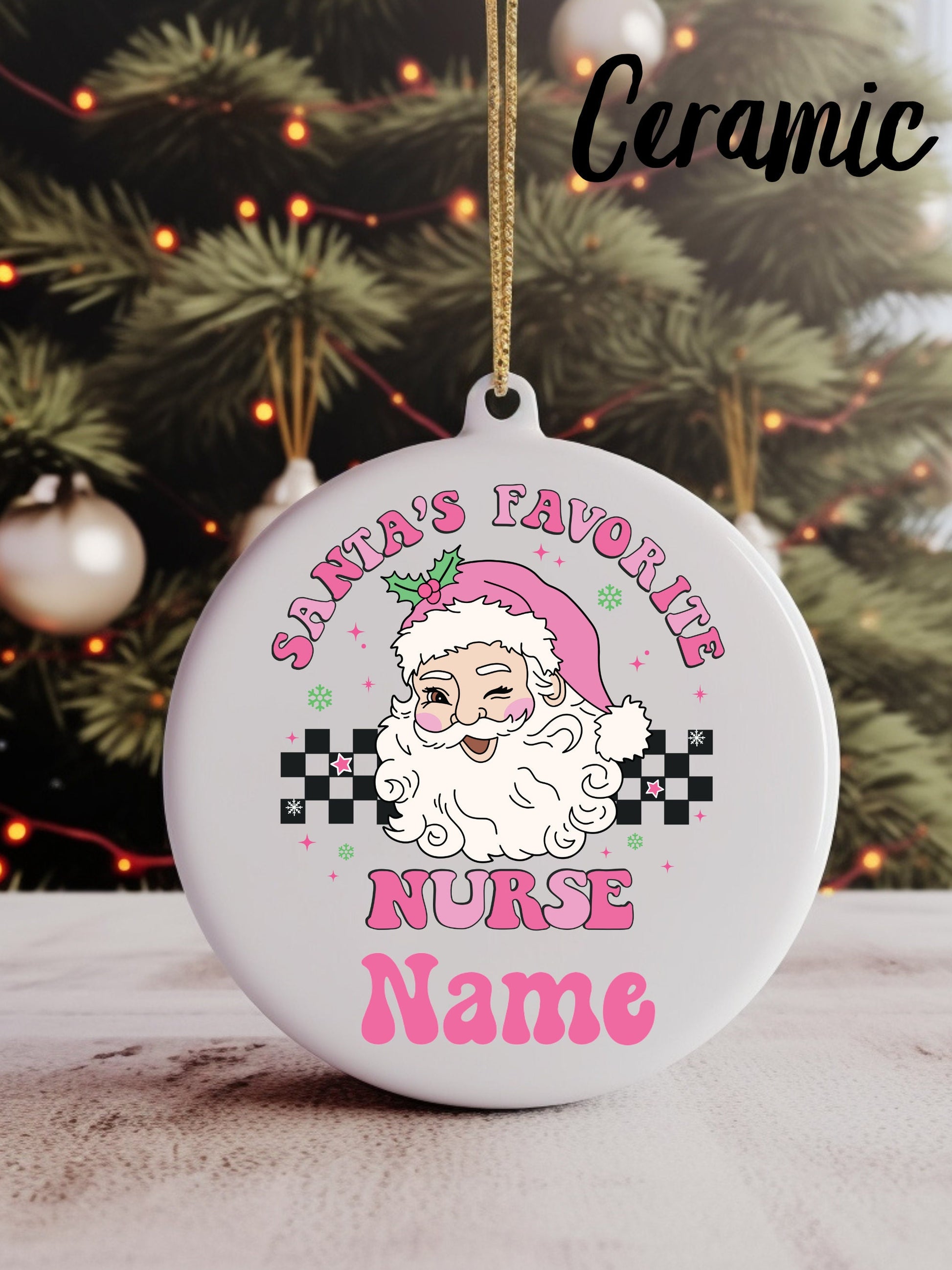 Santa's Favourite Nurse Christmas Ornament | Retro Pink | Wood | Ceramic