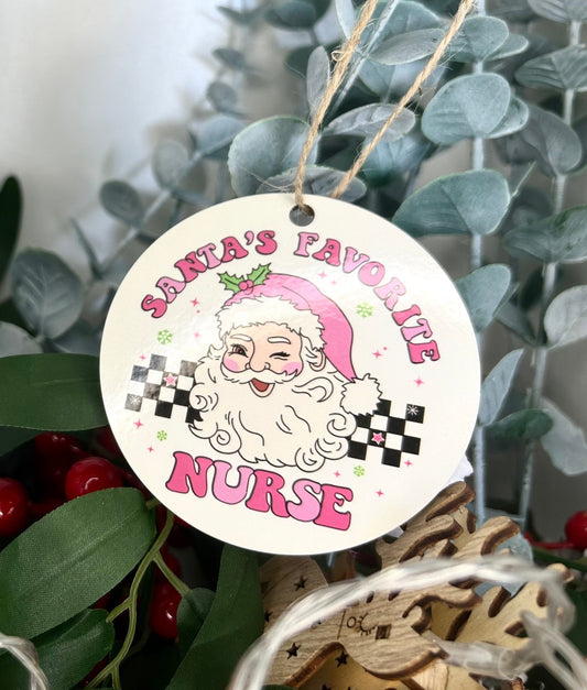 Santa's Favourite Nurse Christmas Ornament | Retro Pink | Wood | Ceramic