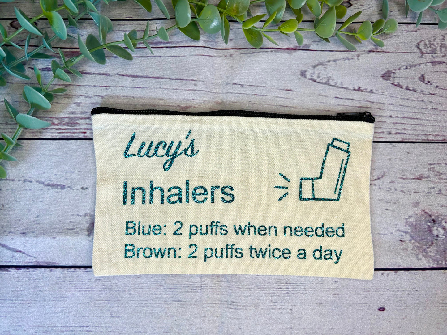 Personalised Cotton Canvas Inhaler Bag With Directions | Glitter Vinyl | Cotton | Inhaler Pouch | Medication Bag