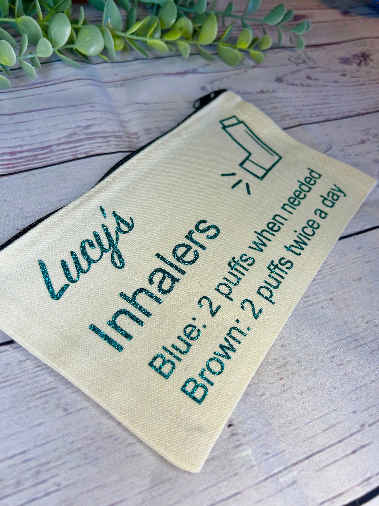 Personalised Cotton Canvas Inhaler Bag With Directions | Glitter Vinyl | Cotton | Inhaler Pouch | Medication Bag