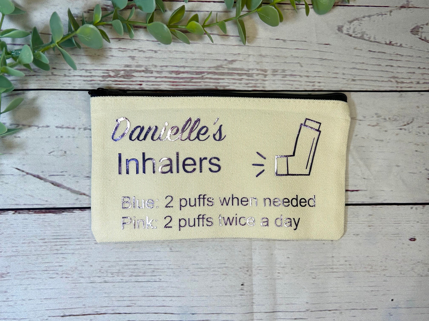 Personalised Cotton Canvas Inhaler Bag | Cotton | Inhaler Pouch | Medication Bag | With Directions | Holographic Vinyl