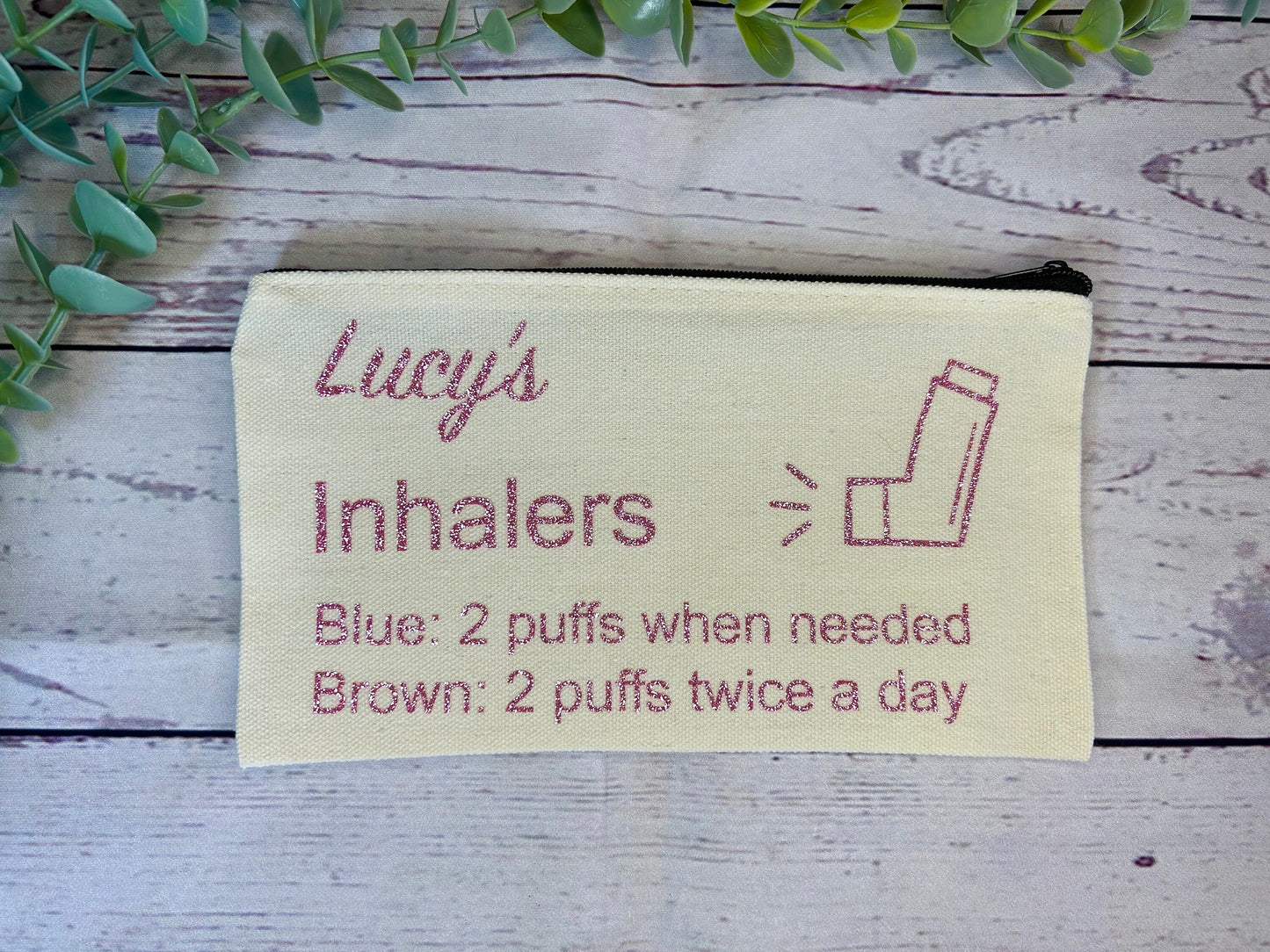 Personalised Cotton Canvas Inhaler Bag With Directions | Glitter Vinyl | Cotton | Inhaler Pouch | Medication Bag