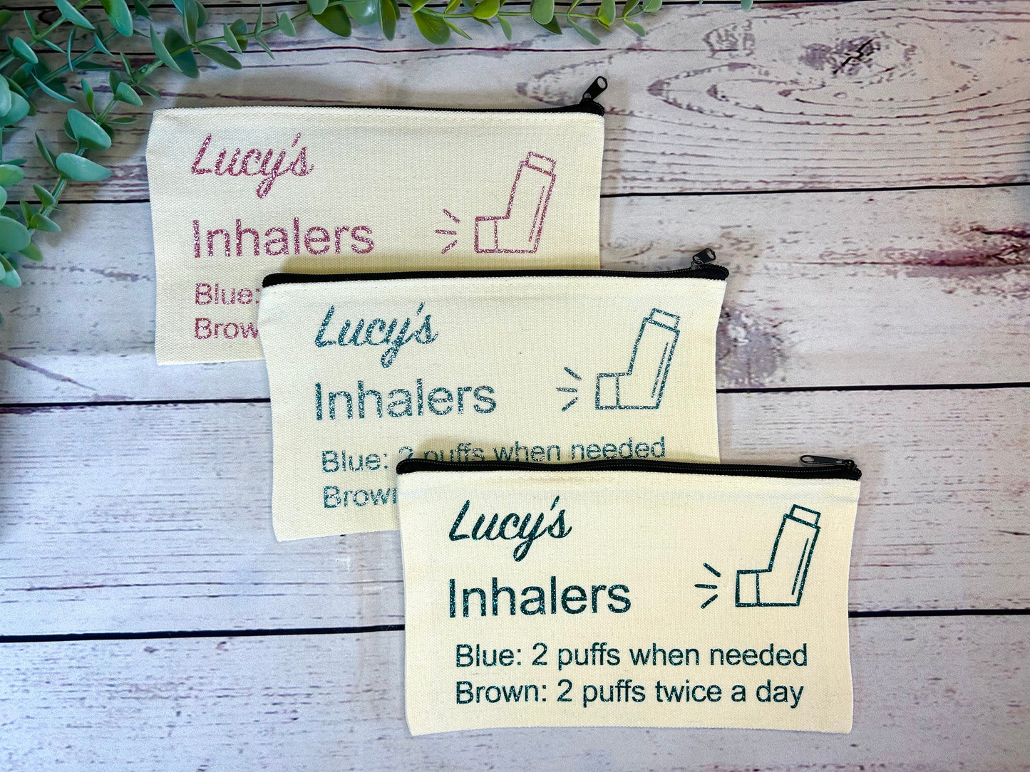 Personalised Cotton Canvas Inhaler Bag With Directions | Glitter Vinyl | Cotton | Inhaler Pouch | Medication Bag