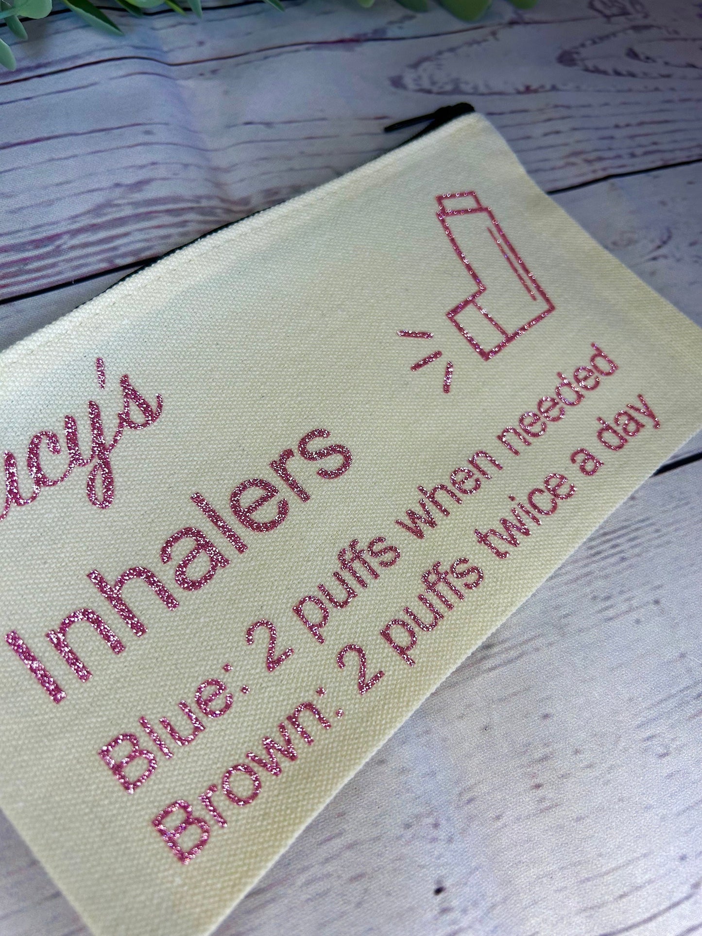 Personalised Cotton Canvas Inhaler Bag With Directions | Glitter Vinyl | Cotton | Inhaler Pouch | Medication Bag