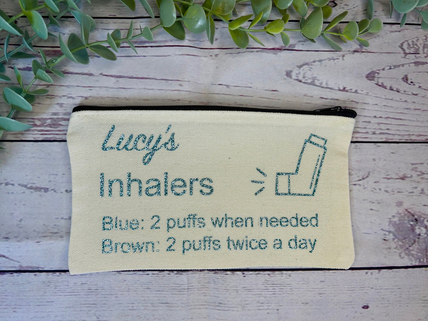 Personalised Cotton Canvas Inhaler Bag With Directions | Glitter Vinyl | Cotton | Inhaler Pouch | Medication Bag