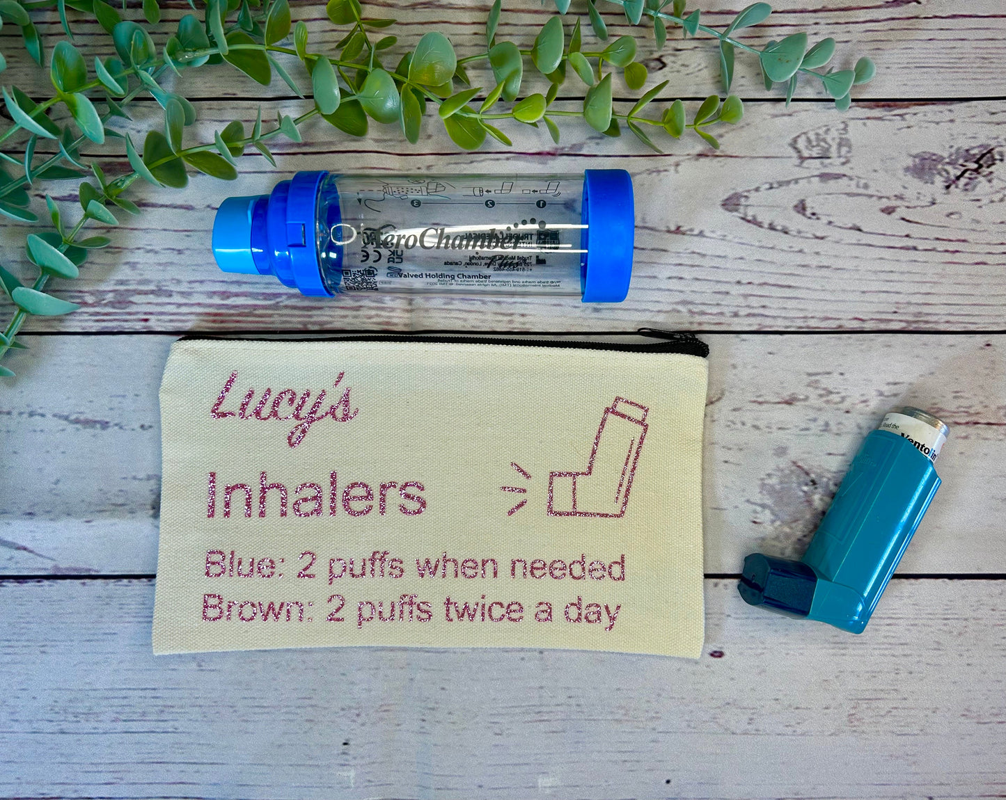 Personalised Cotton Canvas Inhaler Bag With Directions | Glitter Vinyl | Cotton | Inhaler Pouch | Medication Bag