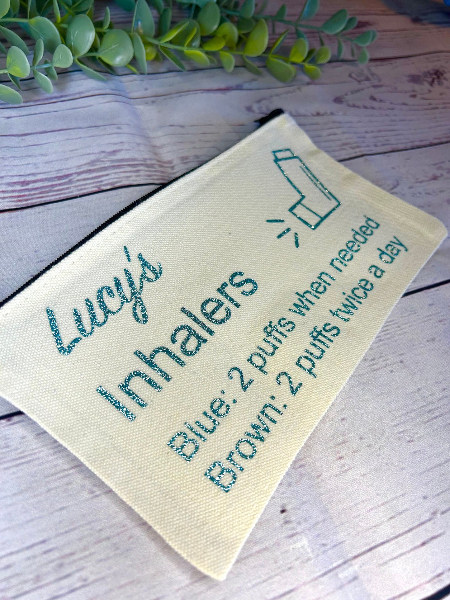 Personalised Cotton Canvas Inhaler Bag With Directions | Glitter Vinyl | Cotton | Inhaler Pouch | Medication Bag