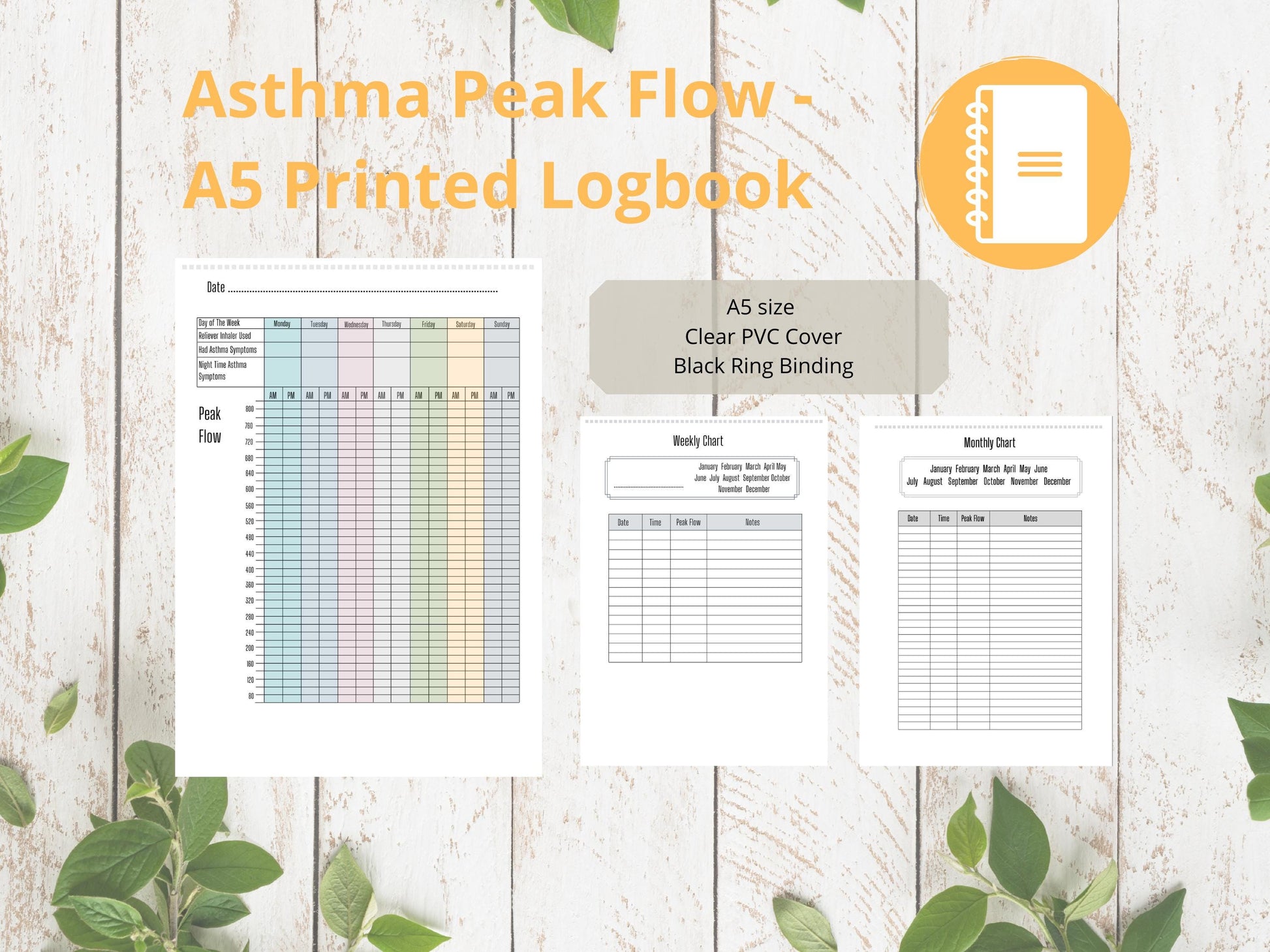 Asthma Peak Flow Log A5 | Peak Flow Tracker | Printed | Medical Chart | Medical Planner