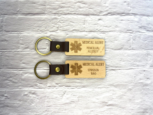 Medic Alert Keyring | Medic Alert Keychain | Personalised | Emergency Contact | Wood and Faux Leather