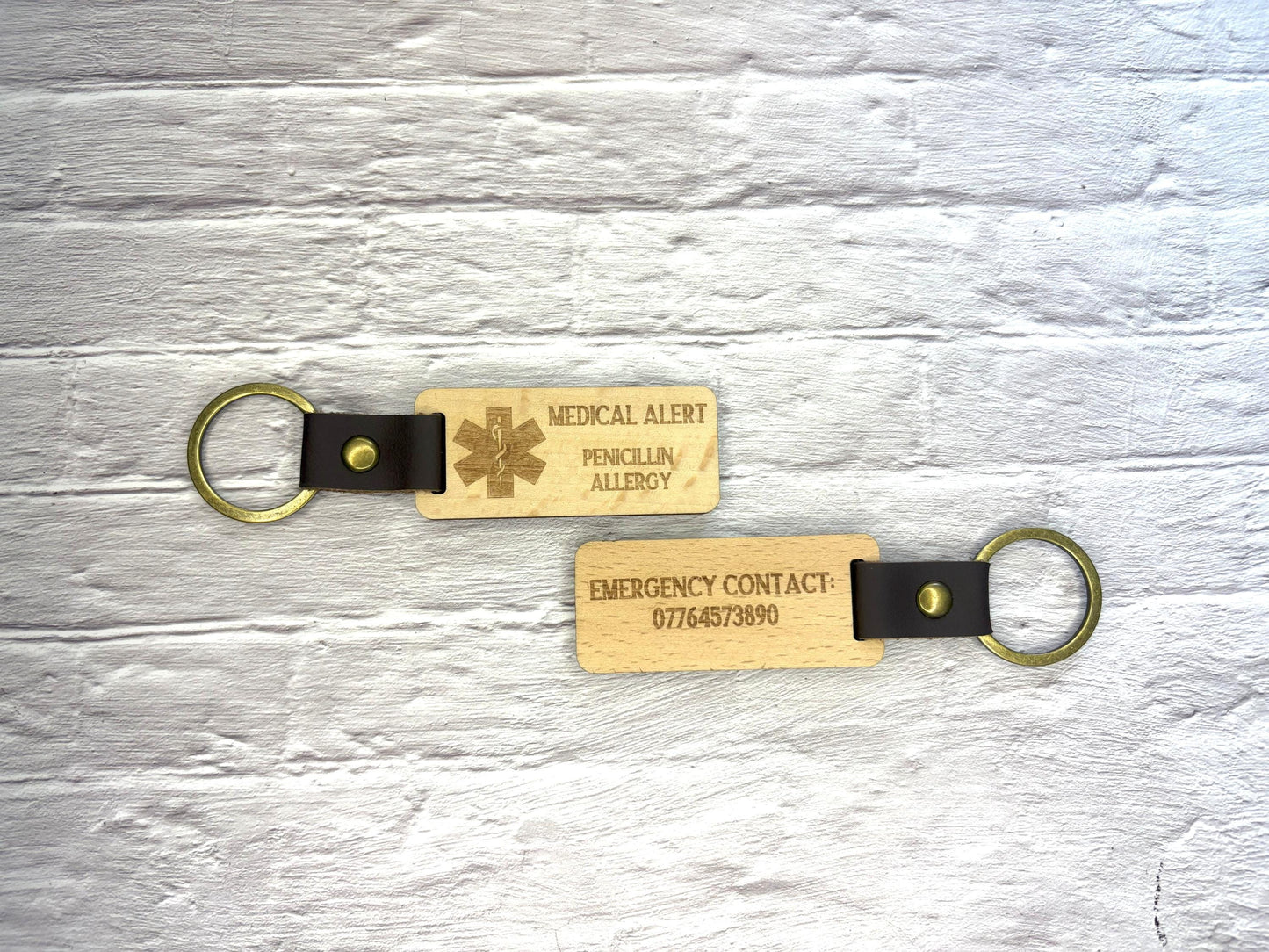 Medic Alert Keyring | Medic Alert Keychain | Personalised | Emergency Contact | Wood and Faux Leather