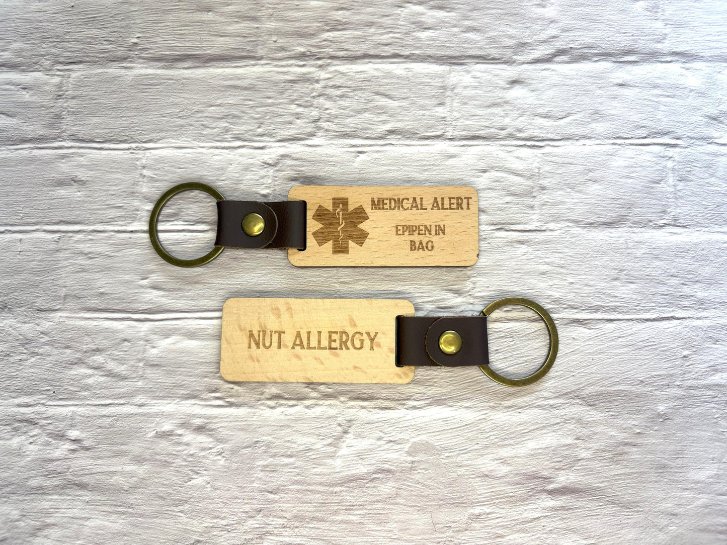 Medic Alert Keyring | Medic Alert Keychain | Personalised | Emergency Contact | Wood and Faux Leather
