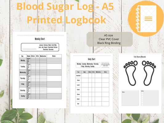 Blood Sugar Log A5 | Diabetes Journal | Printed | Blood Sugar Tracker | Medical Chart | Medical Planner