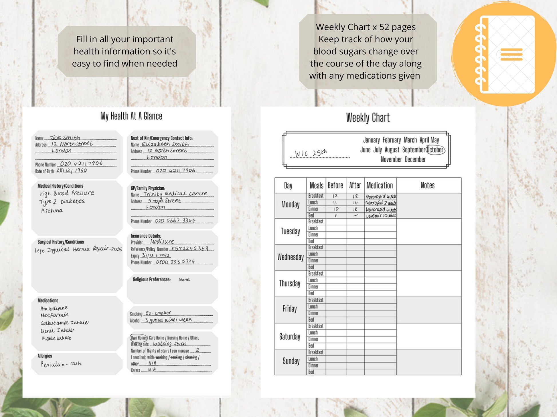 Diabetes Blood Sugar Log A5 | Blood Sugar Tracker | Printed | Medical Chart | Medical Planner