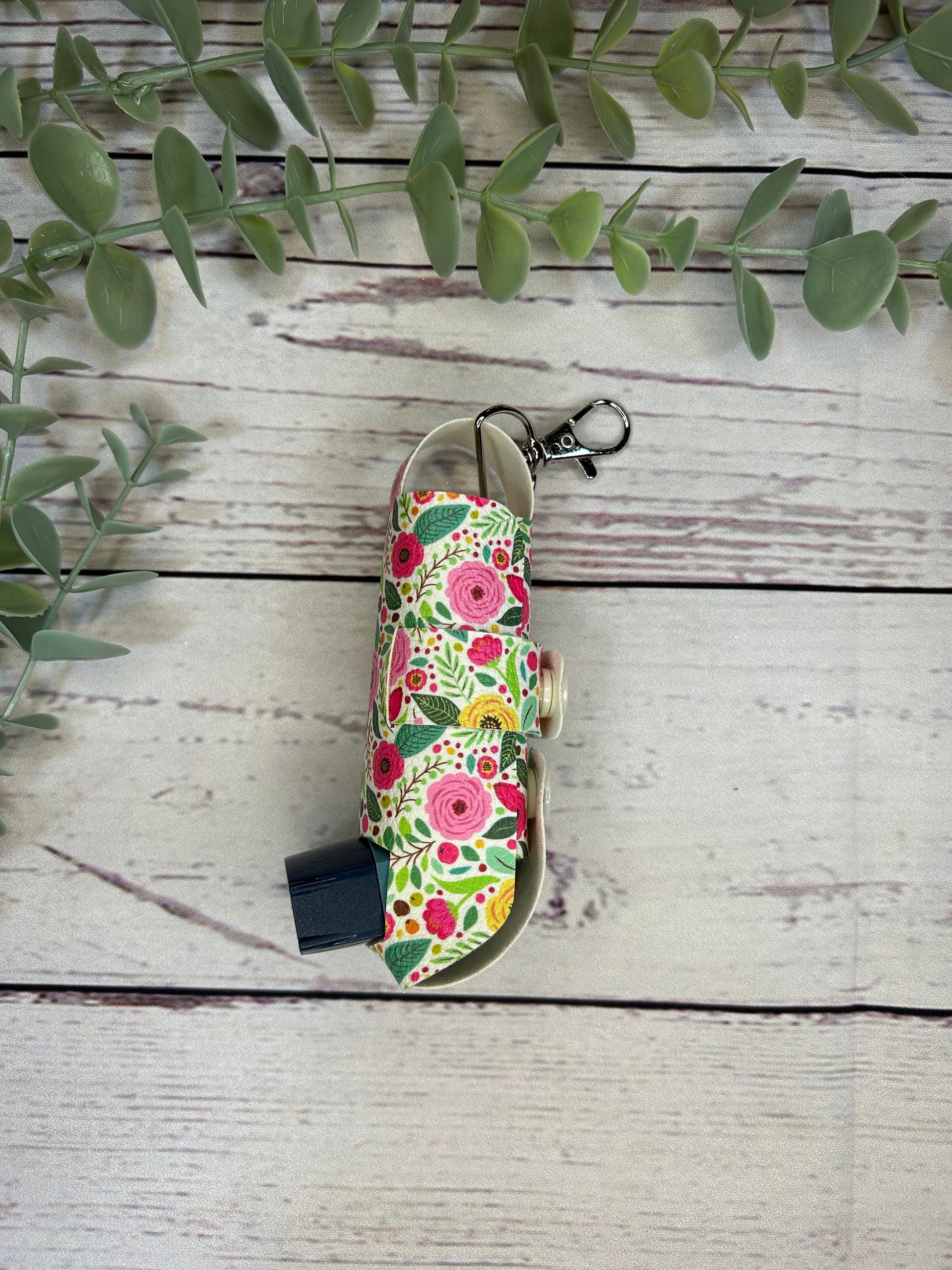 Faux Leather Inhaler Holder - Pink Flowers | Inhaler Case | Asthma Inhaler Holder | Asthma Pump Cover | Keychain