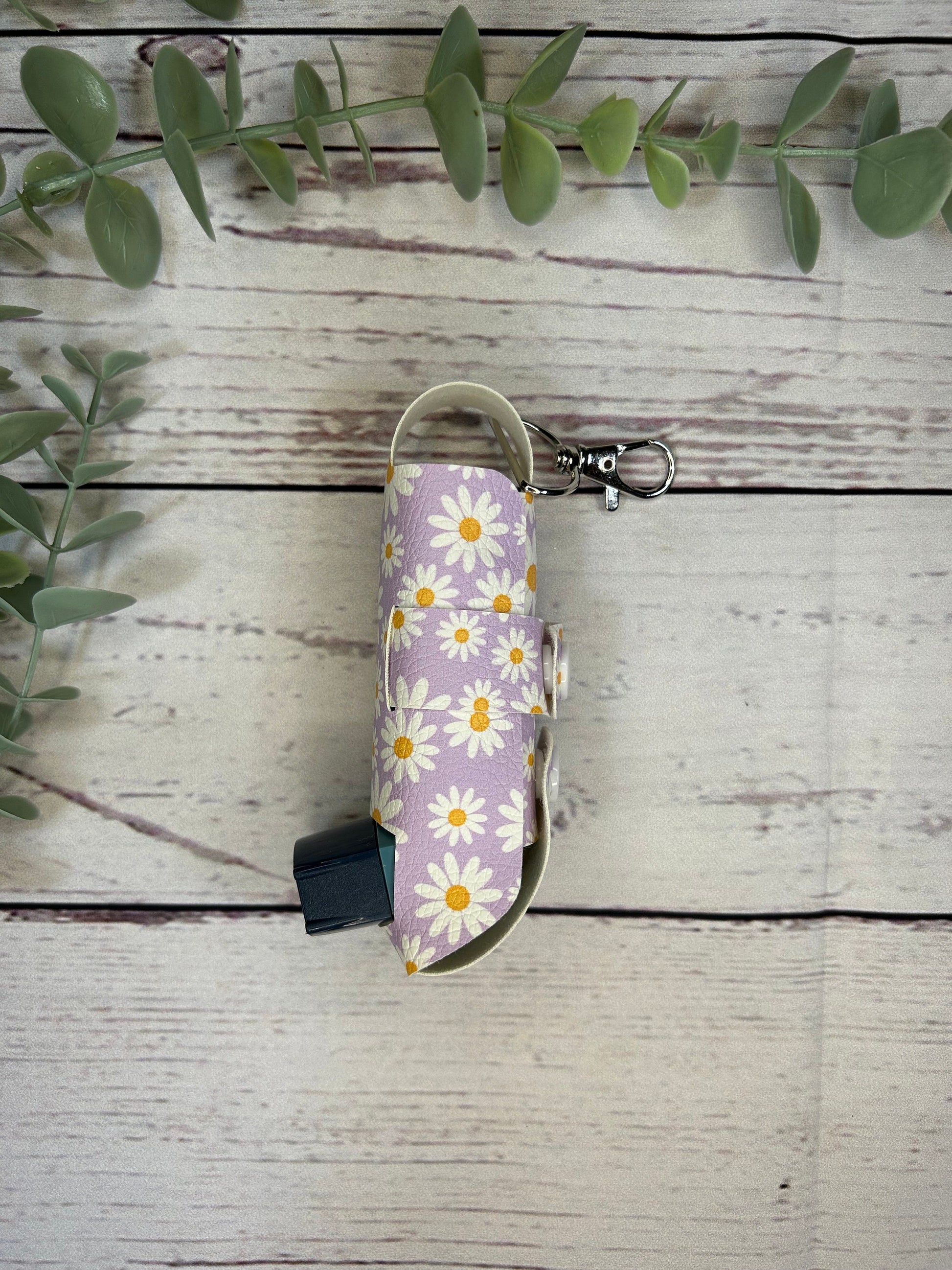 Faux Leather Inhaler Holder - Purple Flowers/Daisy | Inhaler Case | Asthma Inhaler Holder | Asthma Pump Cover | Keychain