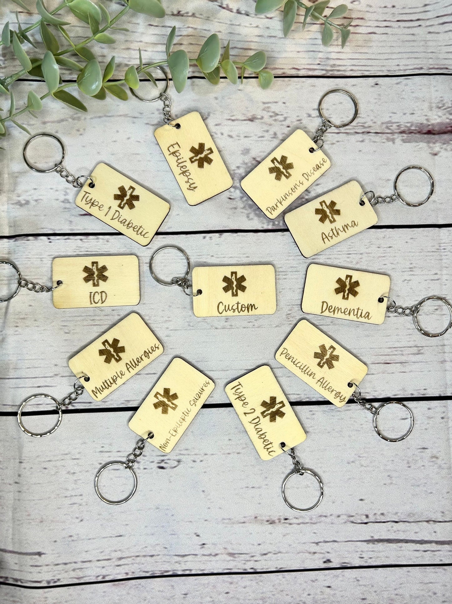 Medic Alert Keyring | Medic Alert Keychain | Personalised | Emergency Contact | Wood