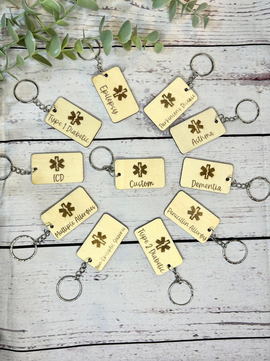 Medic Alert Keyring | Medic Alert Keychain | Personalised | Emergency Contact | Wood