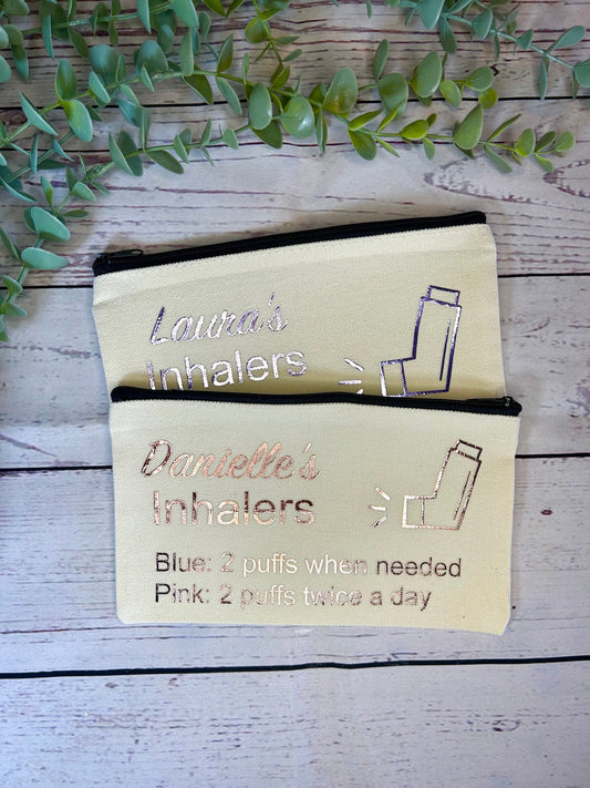 Personalised Cotton Canvas Inhaler Bag | Cotton | Inhaler Pouch | Medication Bag | With Directions | Holographic Vinyl