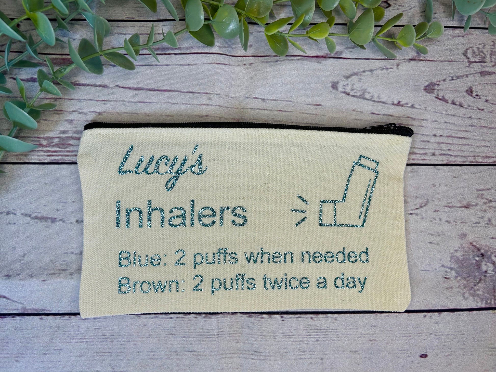 Personalised Cotton Canvas Inhaler Bag With Directions | Glitter Vinyl | Cotton | Inhaler Pouch | Medication Bag